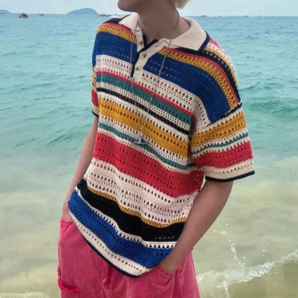 Stacy Adams Colorful Striped Crochet Polo Shirt Size XL